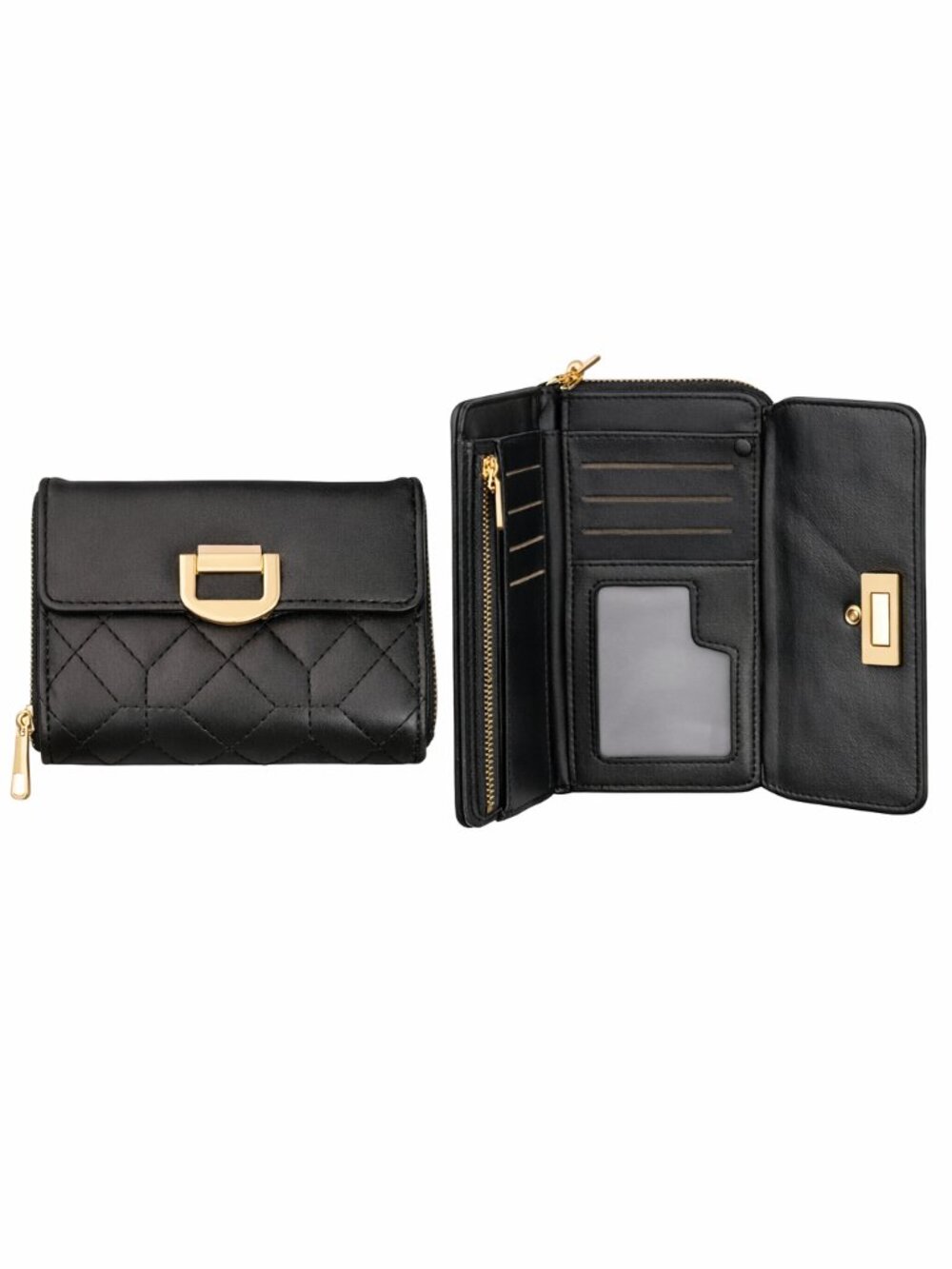 Black Quilted Wallet Clutch Gold Hardware Snap Closure Organizer Chic Minimalist